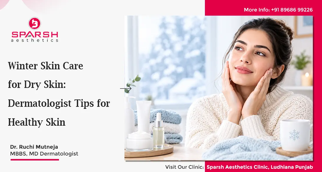 Woman caring for dry skin during winter with moisturising skincare products in a bright, cozy setting.